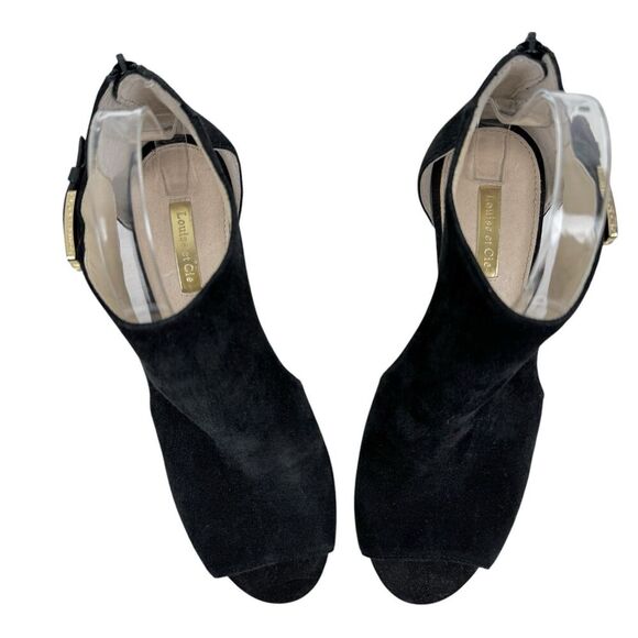 Louise Et Cie Olivia Peep-Toe High Heel Bootie 9 Black Suede Gold Evening Office - Picture 4 of 15